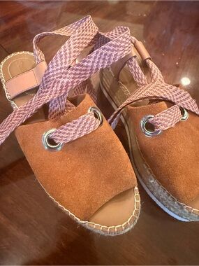 See by Chloe Suede Espadrille Platform Sandals with Pink and Lavender Straps